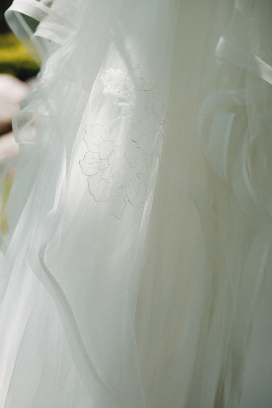 Close up on details of wedding dress