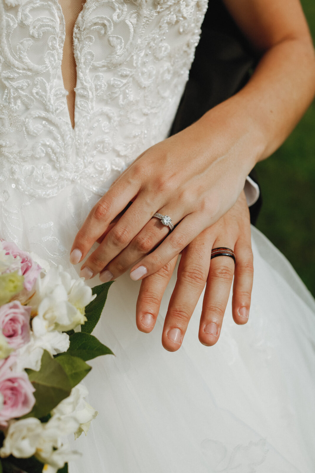 Close up of Bride  and Groom wedding rings 