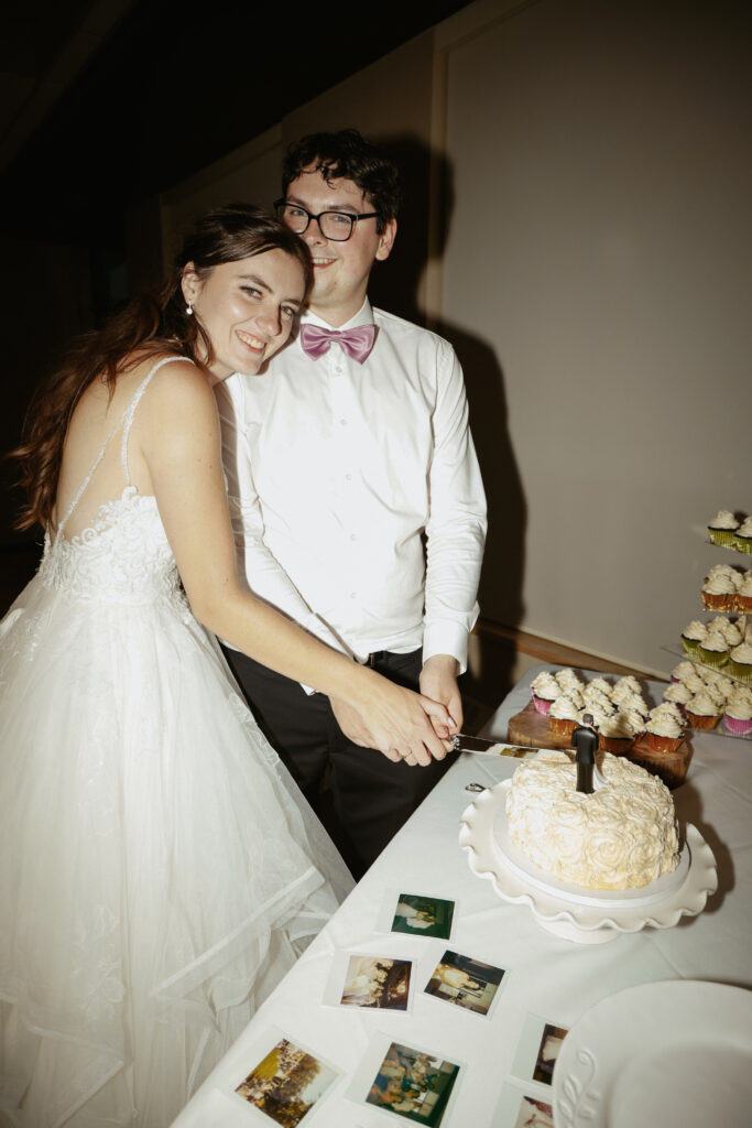 Bride and Groom cut a wedding cake 