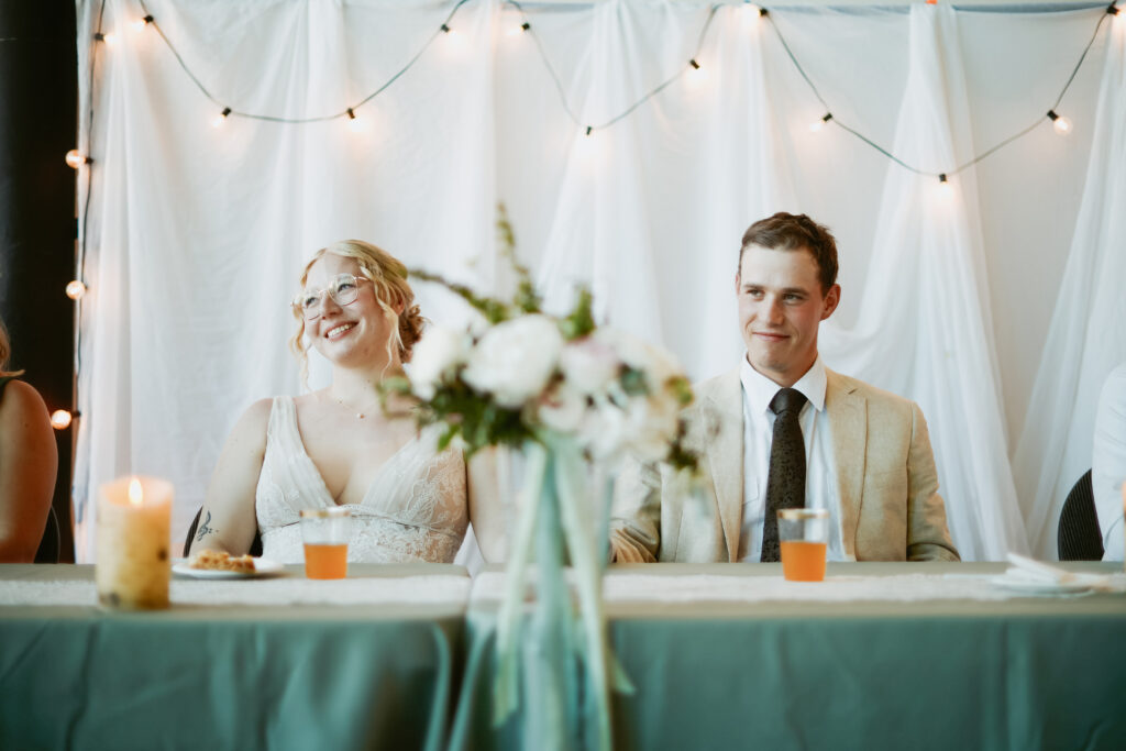 Bride and Groom sit at head table.