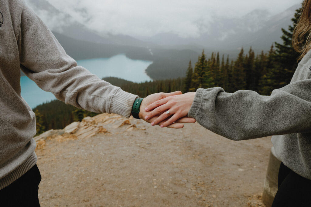 Couple holds hands with landscape in the background. Ring is highlight in the image.