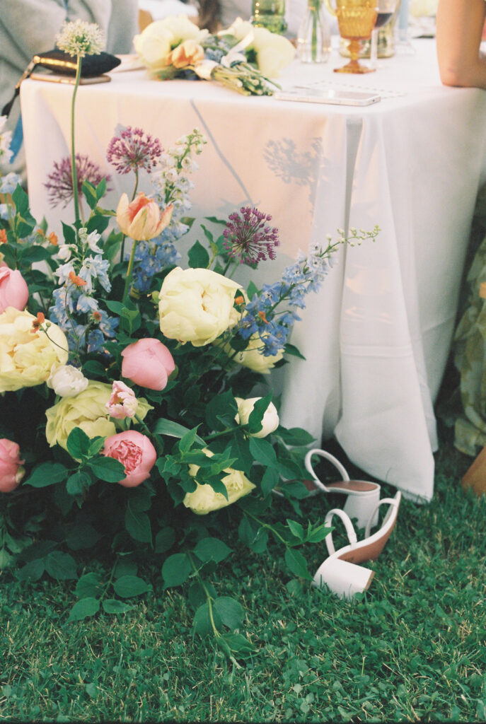 Close up on reception table and flowers